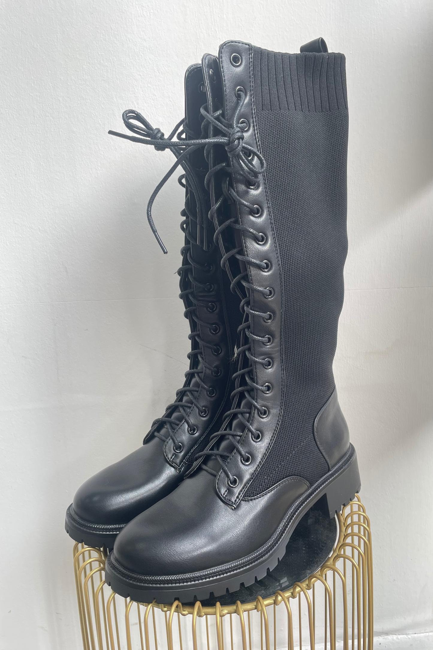 Black lace up longline boots