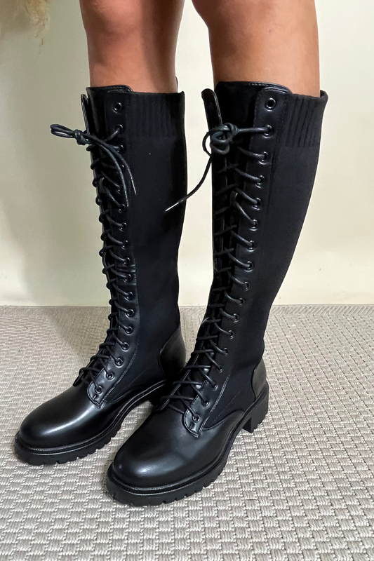 Black lace up longline boots