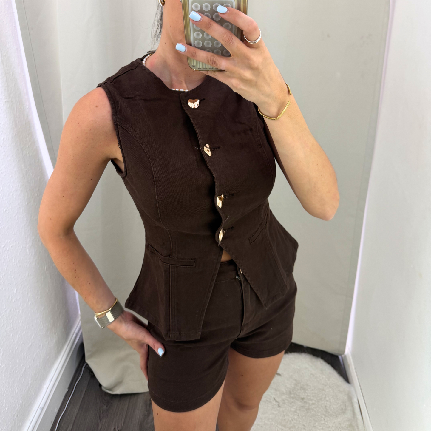 Stretch Denim Waistcoat – Chocolate