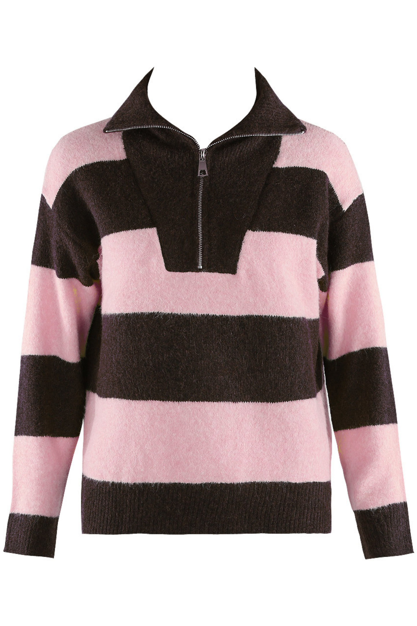 Brown & Light Pink Striped Half-Zip Jumper