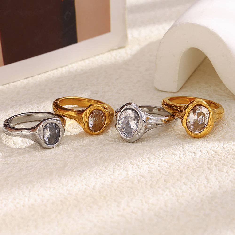 Irregular Oval CZ Ring - Gold or Silver