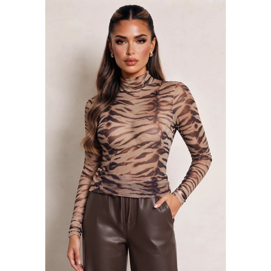 Brown animal print long sleeve sheer mesh top