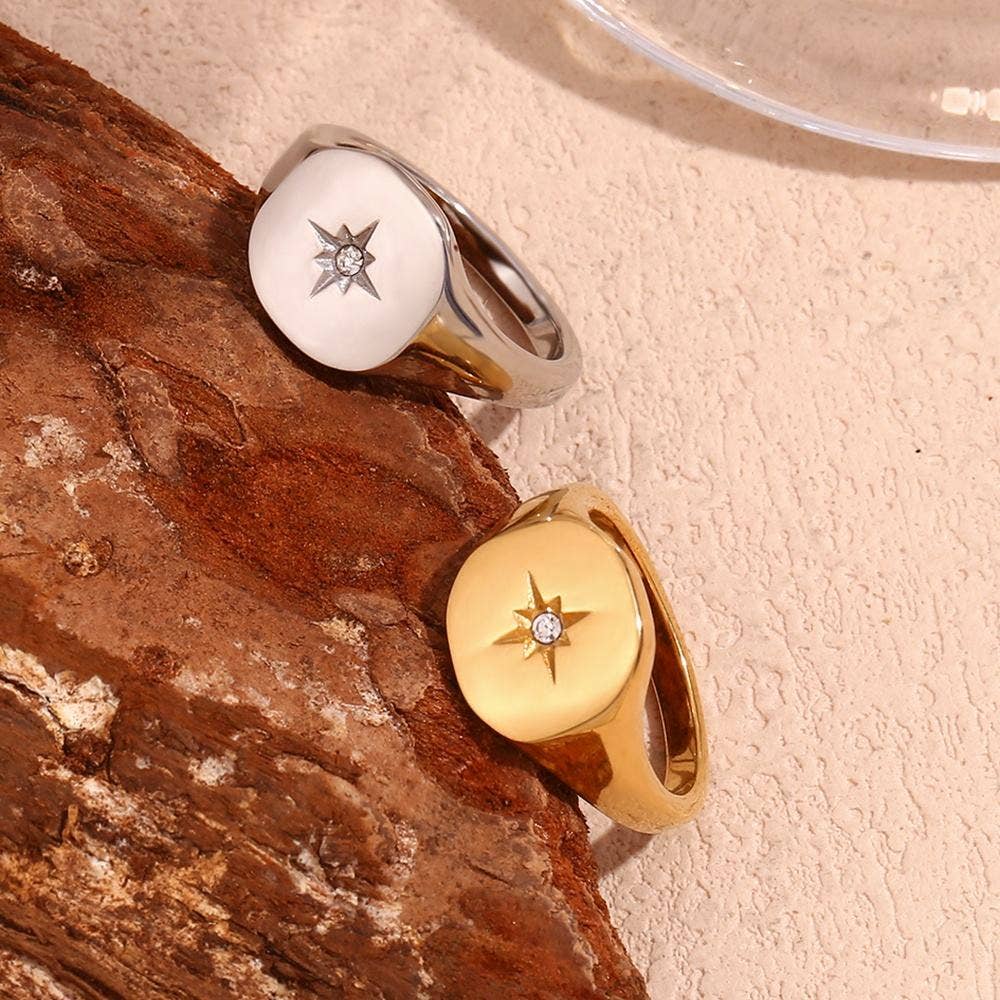 Signet Ring with Star Design - Gold or Silver