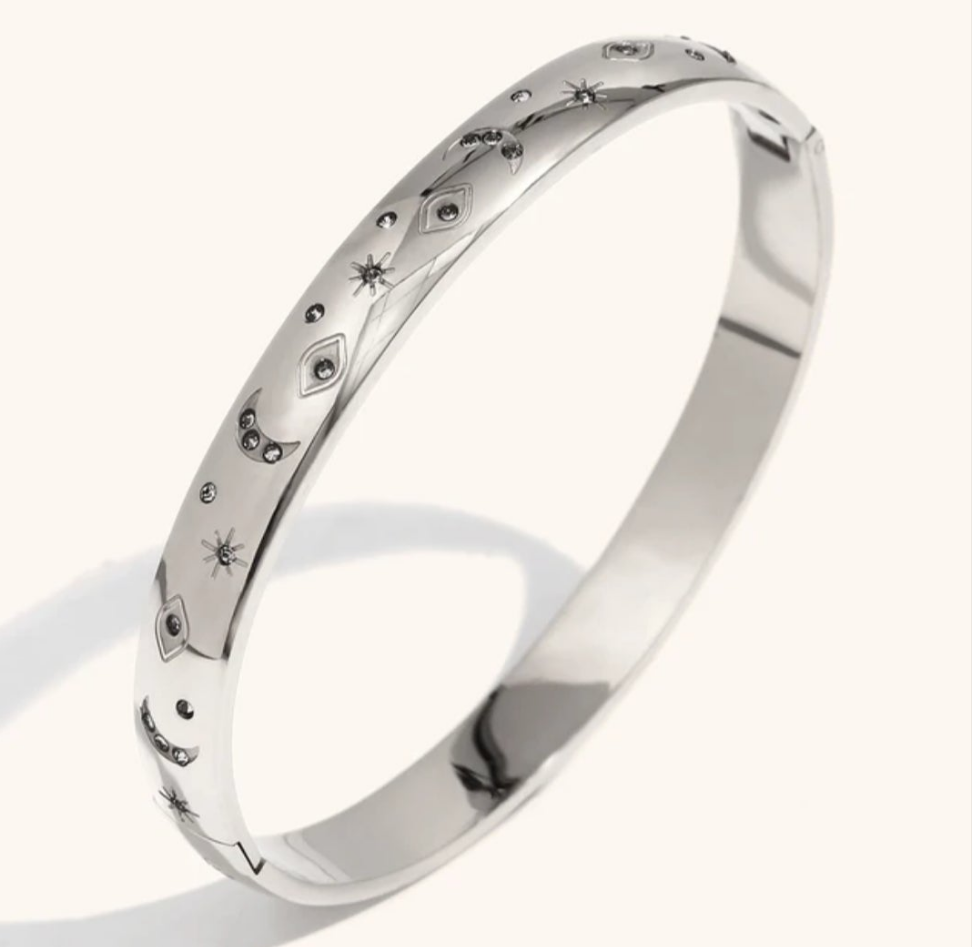 CZ Moon and Star Engraved Bracelet Bangle - Gold or Silver