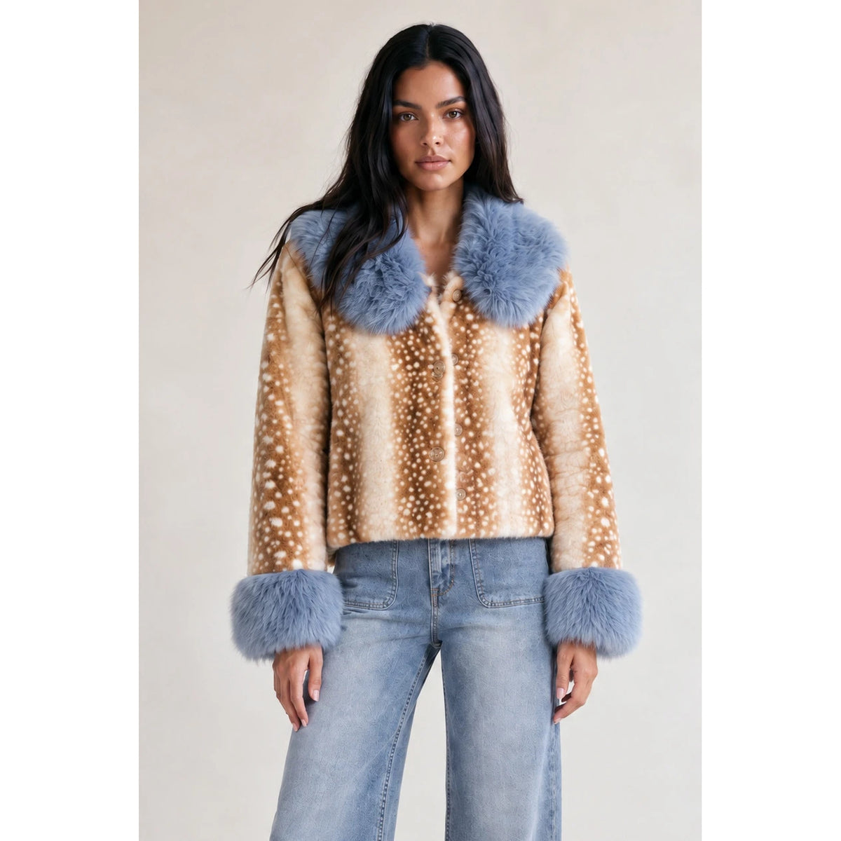 Deer print faux fur jacket with blue collar and cuffs