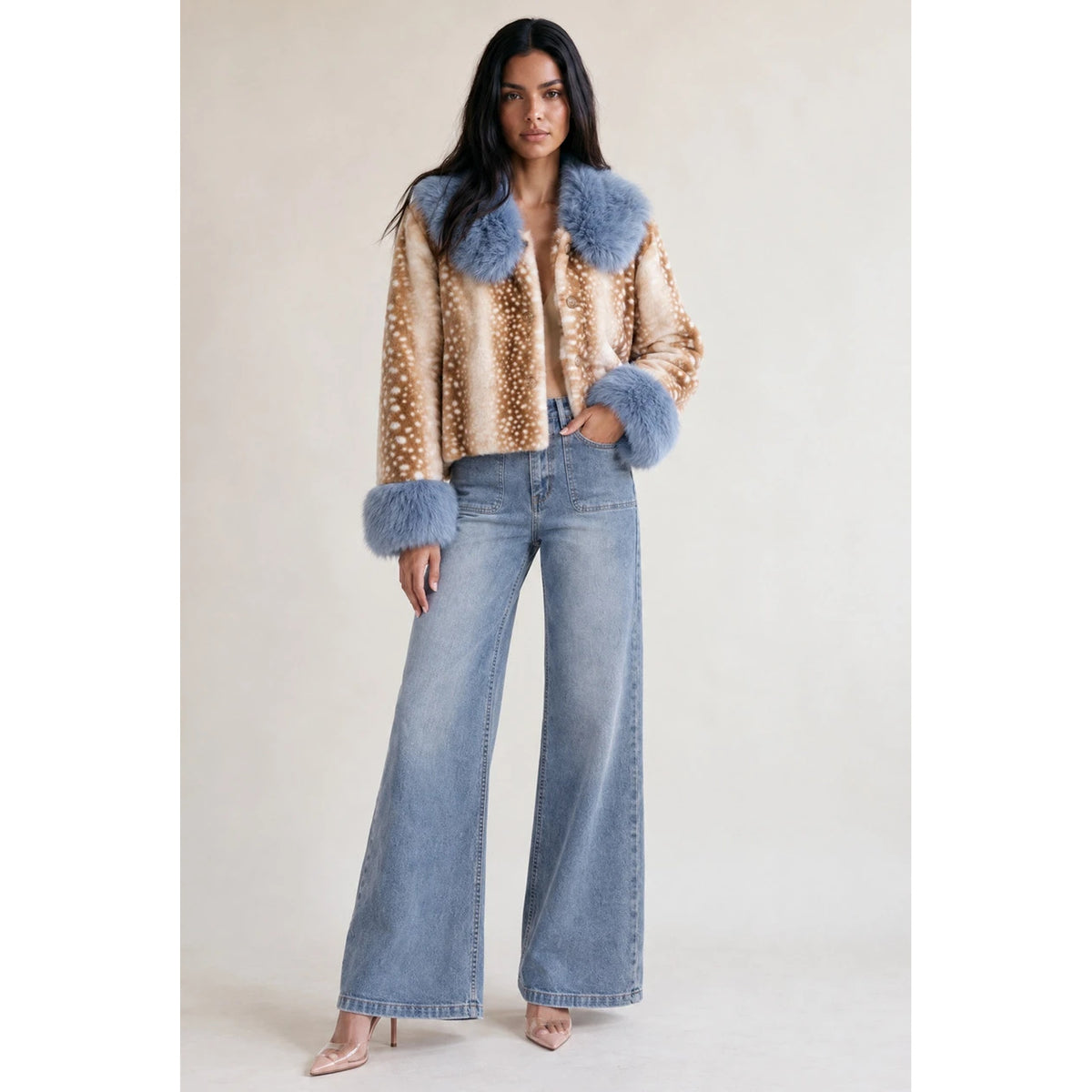 Deer print faux fur jacket with blue collar and cuffs