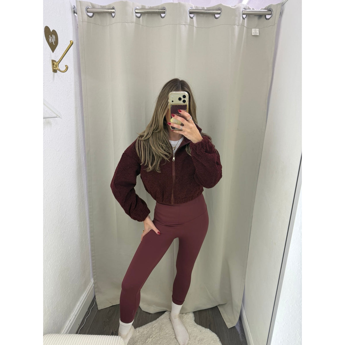 Plum Energy Leggings styled with the Burgundy Cropped Borg Fleece Jacket at Unscripted boutique