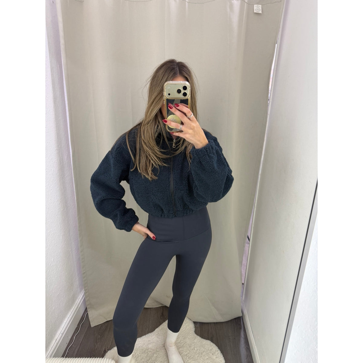 Dark Slate Grey Energy Leggings styled with the Grey Blue Cropped Borg Fleece Jacket at Unscripted boutique