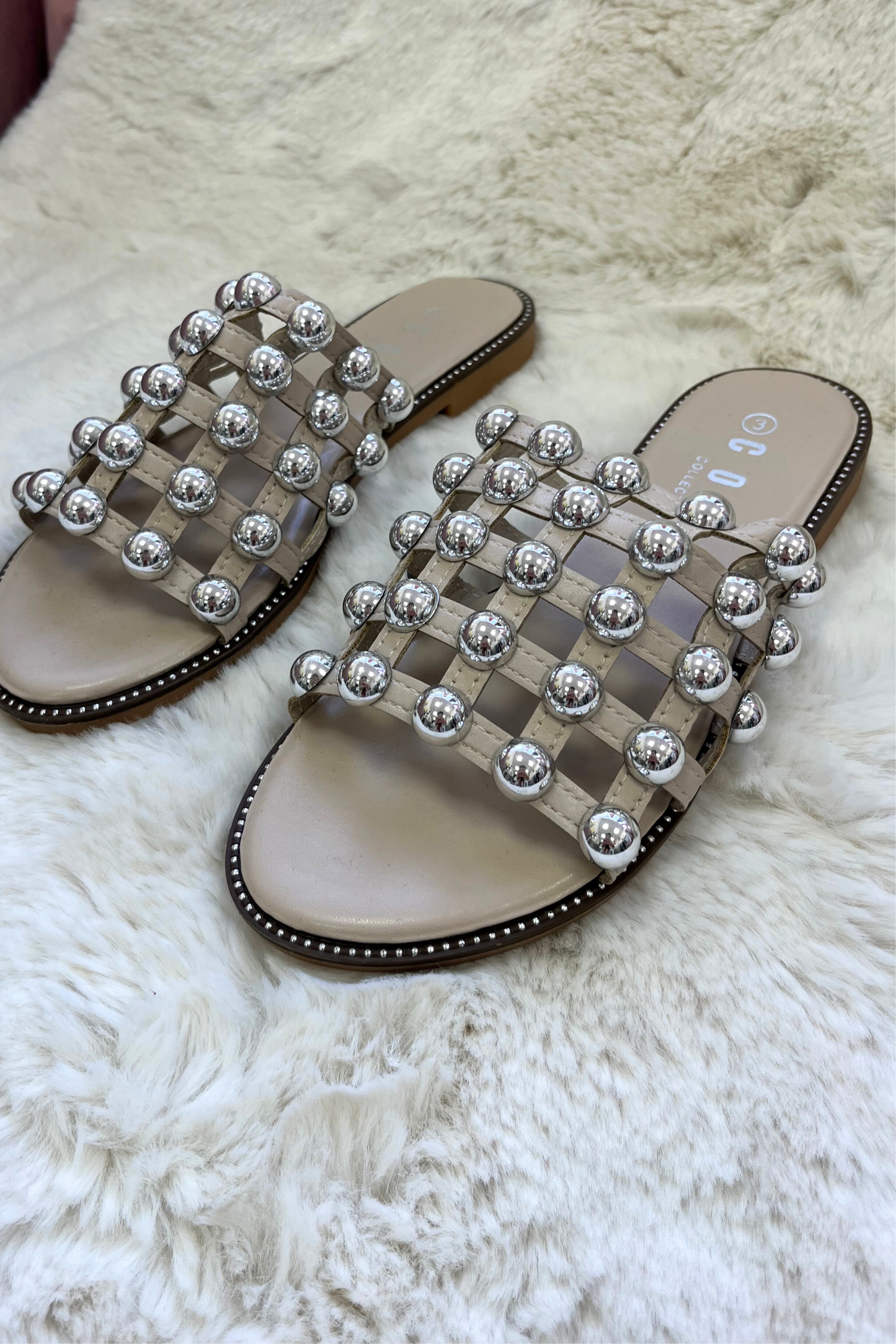 Nude Silver Studded Slip-On Sandals