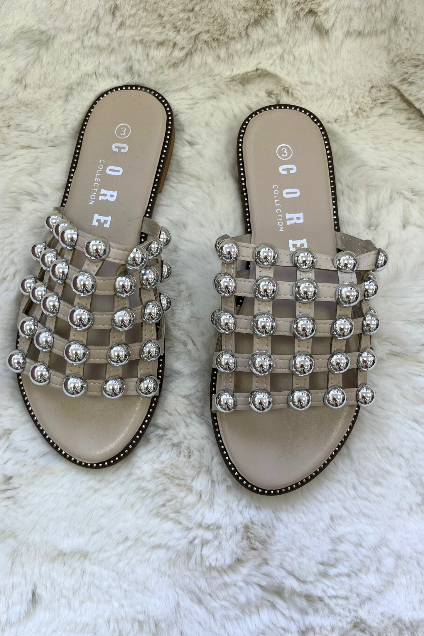 Nude Silver Studded Slip-On Sandals