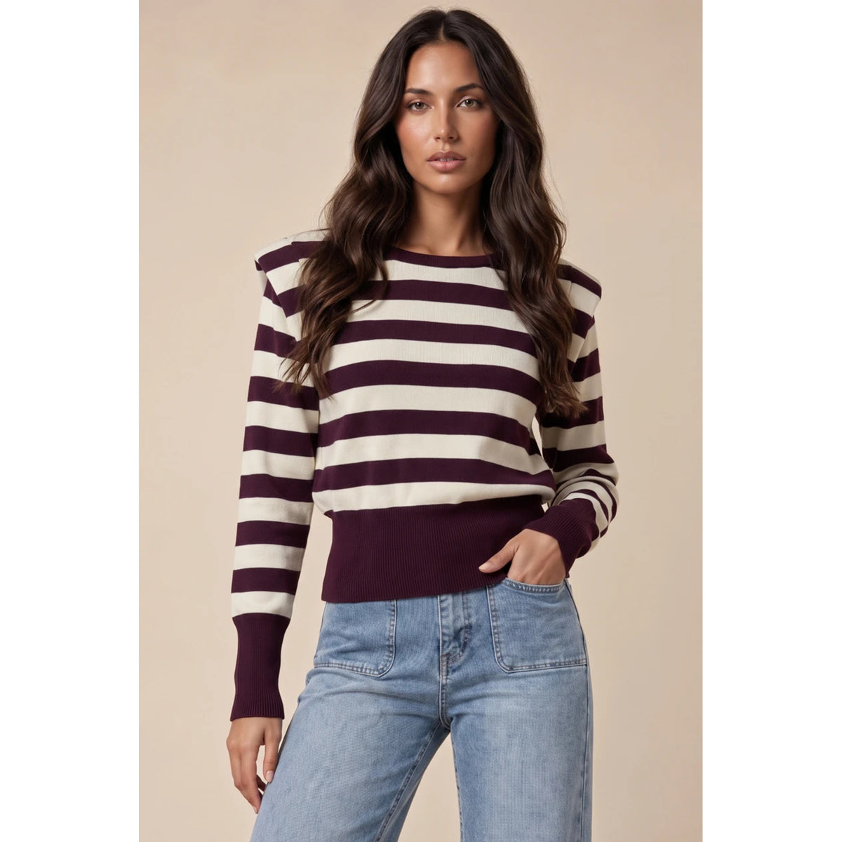 Burgundy and cream striped padded shoulder jumper – front view