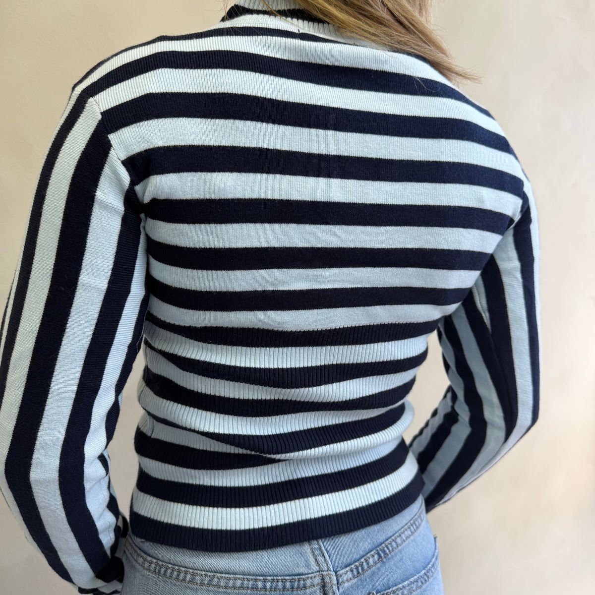 Navy & Cream Striped Ribbed Zip-Up Cardigan