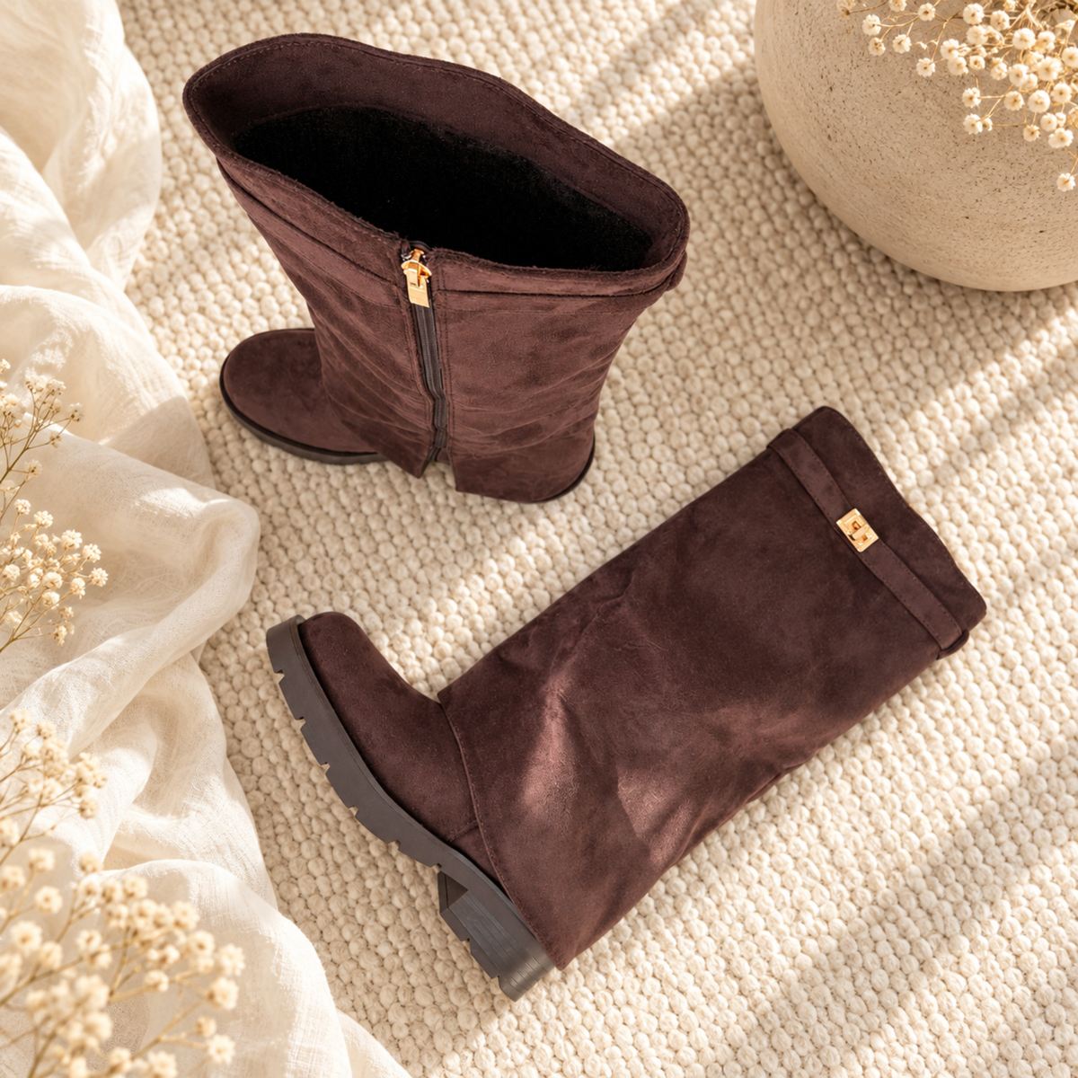 Chocolate Brown Suede-Look Knee-High Boots with Gold Buckle Detail
