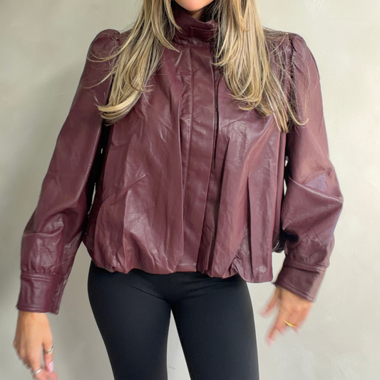 Burgundy Faux Leather High Neck Bomber Jacket