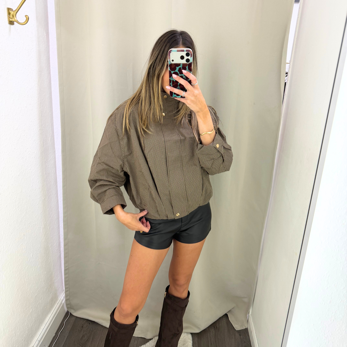 Brown Check Cropped Jacket with Gold-Tone Buttons