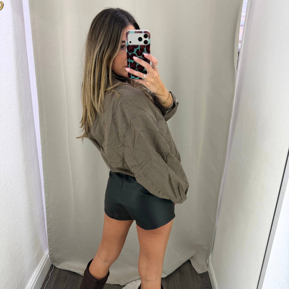 Brown Check Cropped Jacket with Gold-Tone Buttons