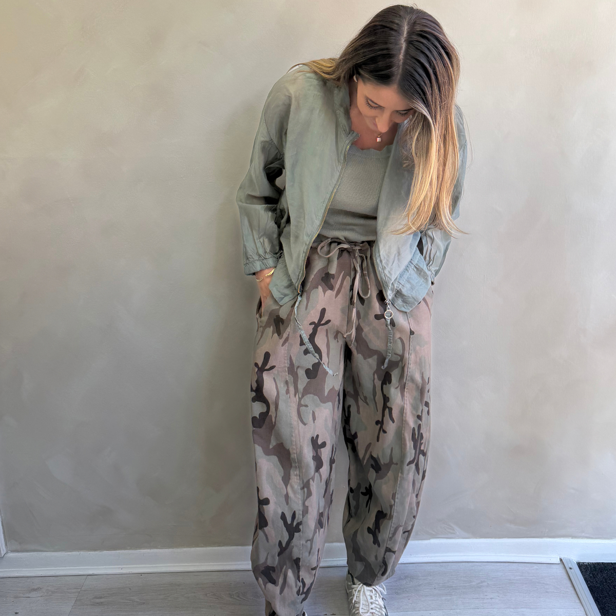 Khaki Camo Print Relaxed Drawstring Trousers