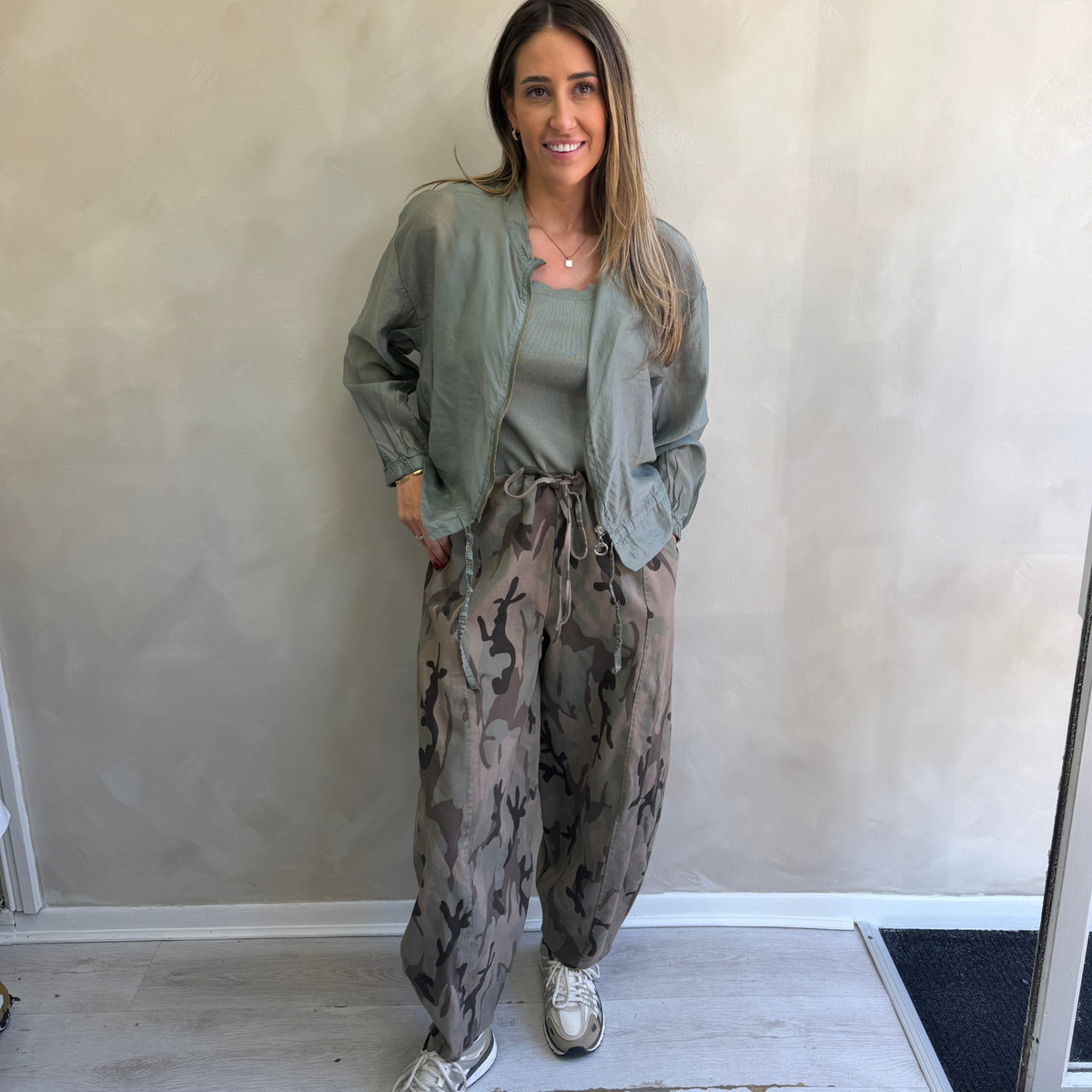 Khaki Camo Print Relaxed Drawstring Trousers
