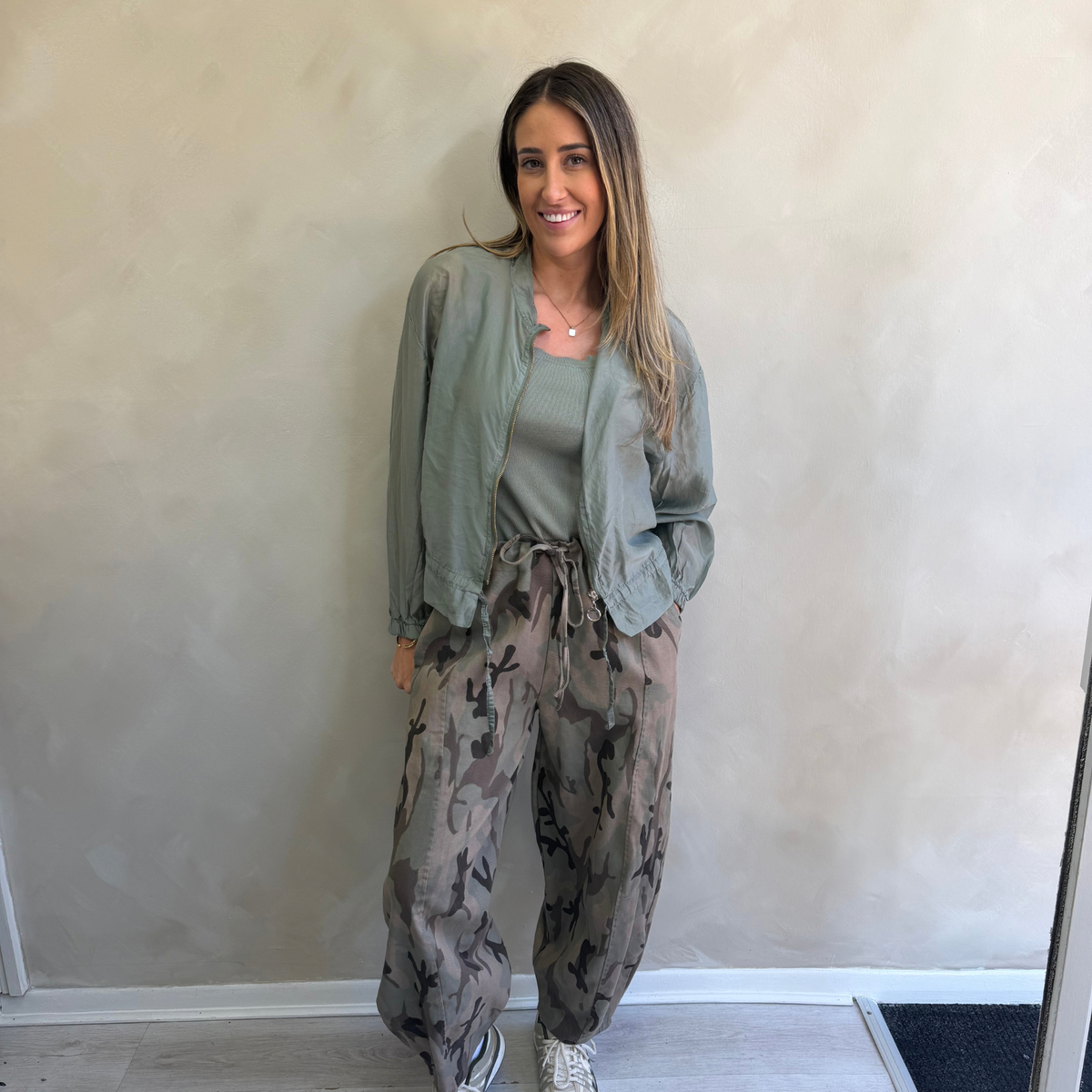 Khaki Camo Print Relaxed Drawstring Trousers