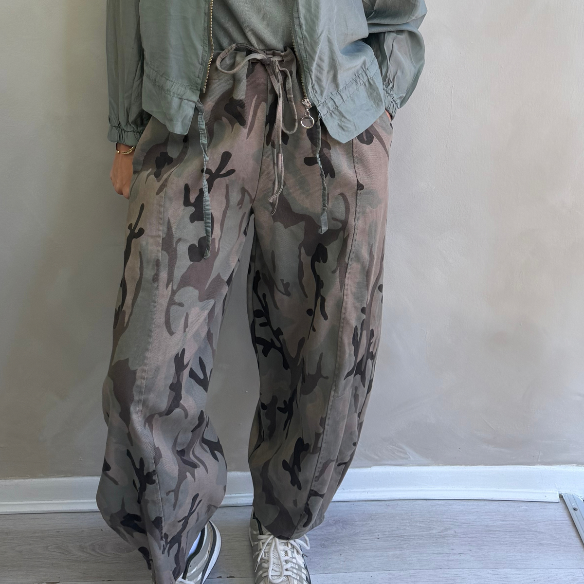 Khaki Camo Print Relaxed Drawstring Trousers