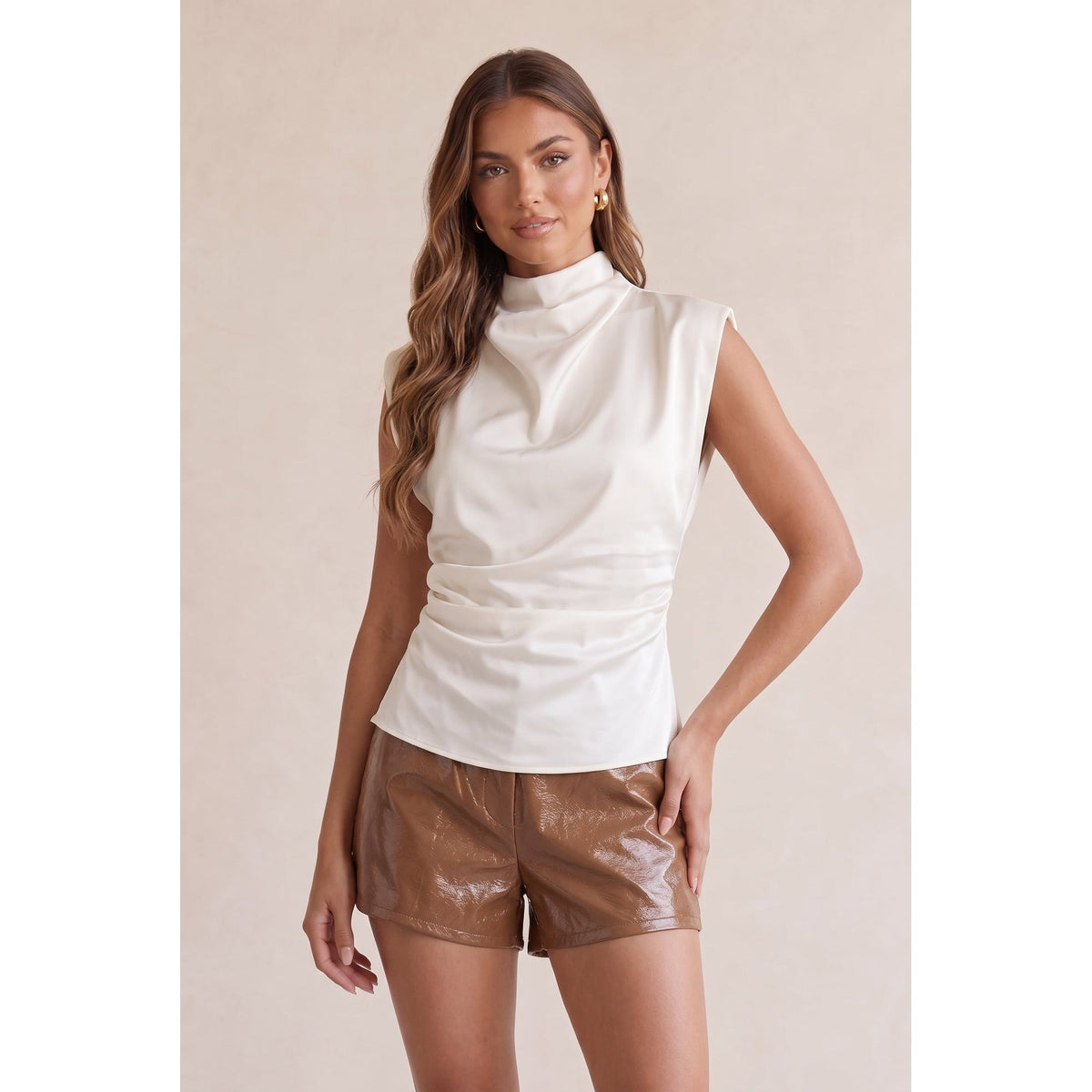 Drape Mock Neck Satin Blouse – cream