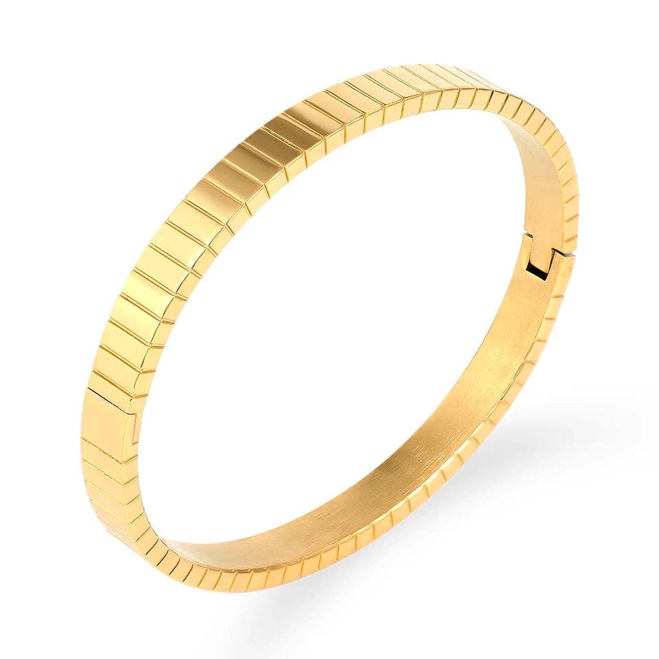 Wide Engraved Stripe Bangle Bracelet - Gold or Silver