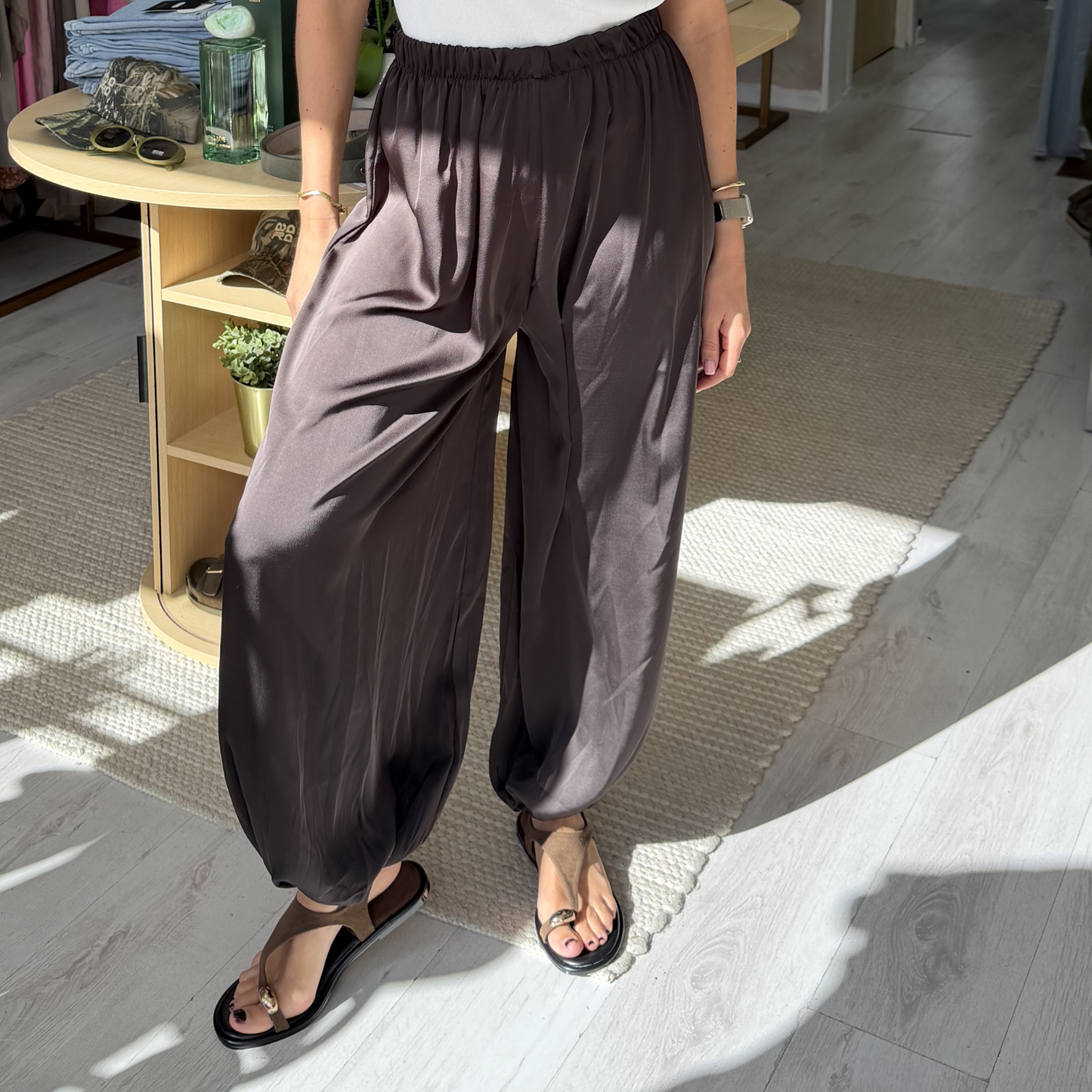 Chocolate Satin Wide-Leg Trousers