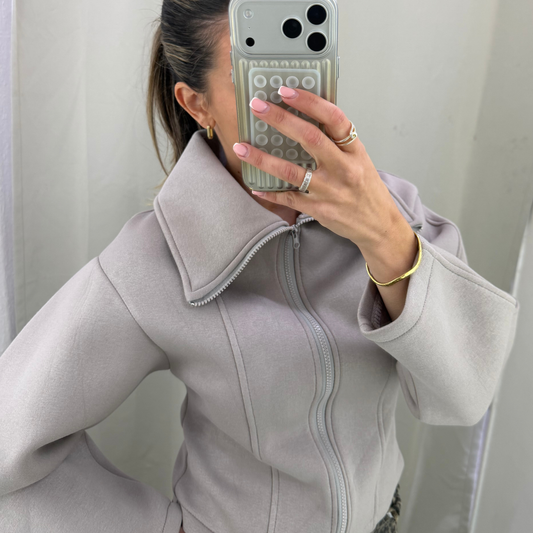 Structured Zip-Up Jacket – Taupe / Black