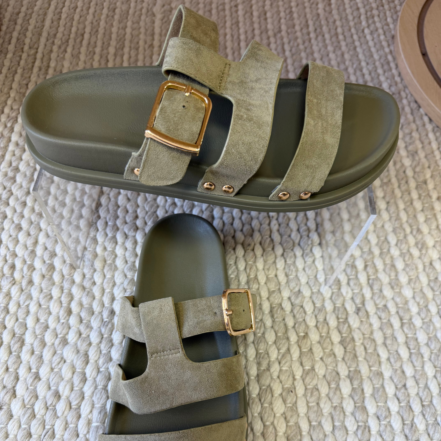 Sage Green Buckle Strap Slides