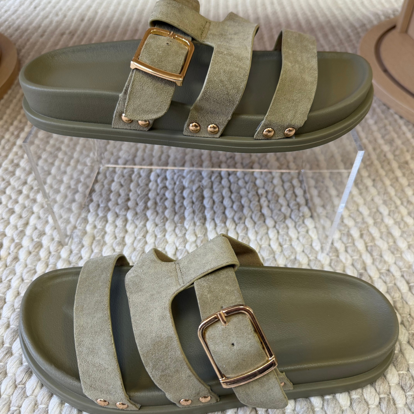 Sage Green Buckle Strap Slides