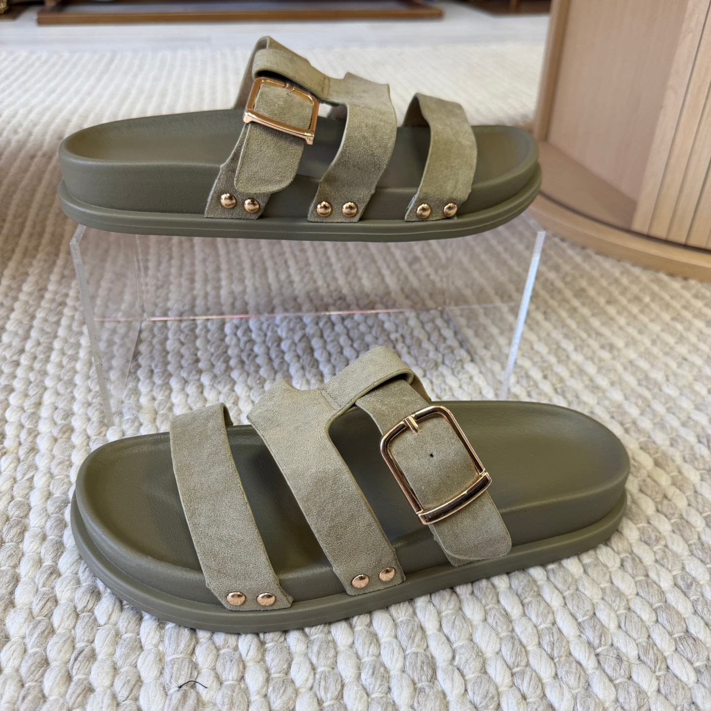 Sage Green Buckle Strap Slides