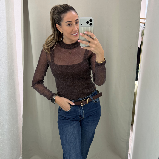 Sheer Metallic Long Sleeve Bodysuit – Chocolate