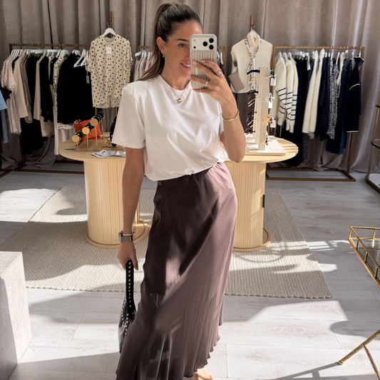 Brown Satin midi skirt