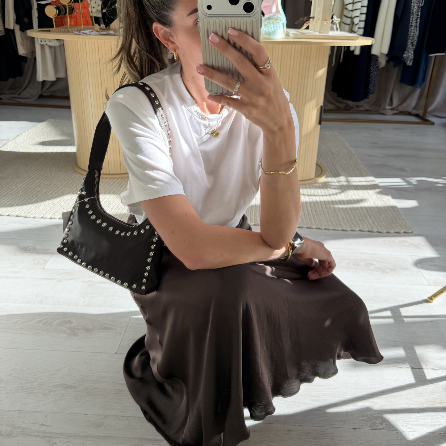 Brown Satin midi skirt
