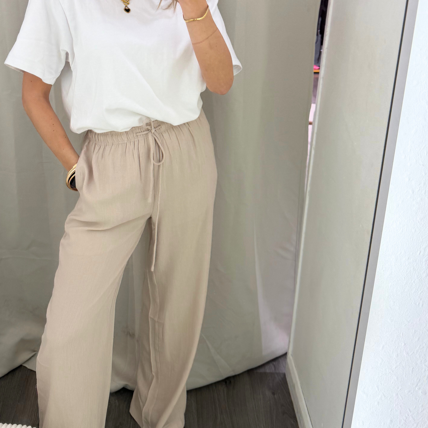 Beige or white Relaxed Drawstring Trousers