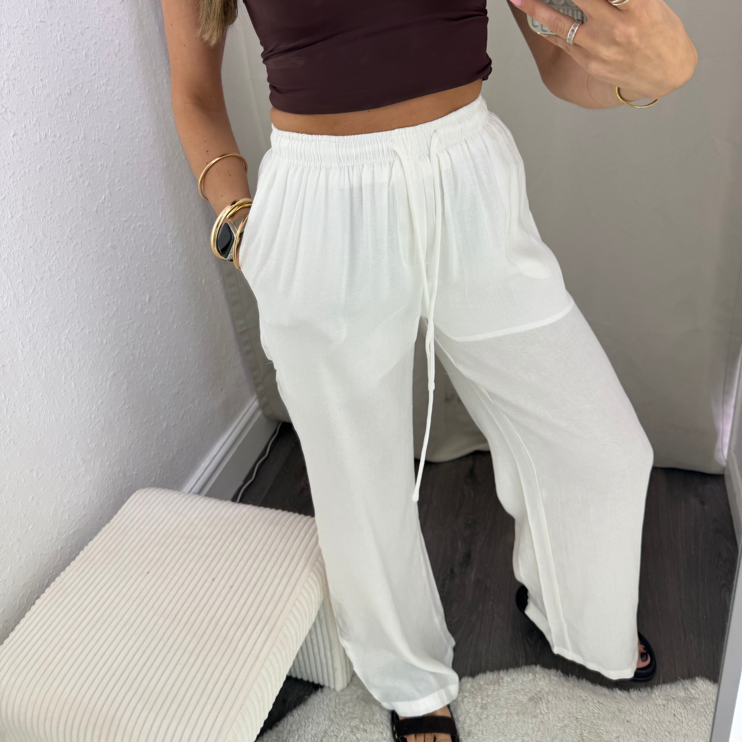 Beige or white Relaxed Drawstring Trousers