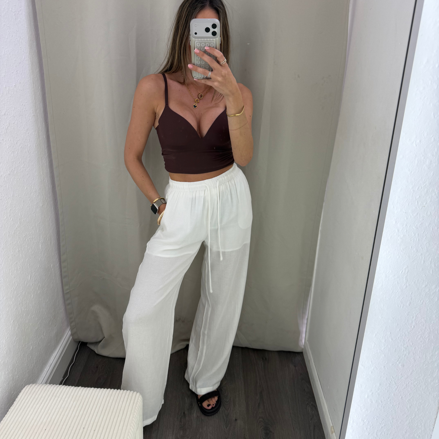 Beige or white Relaxed Drawstring Trousers