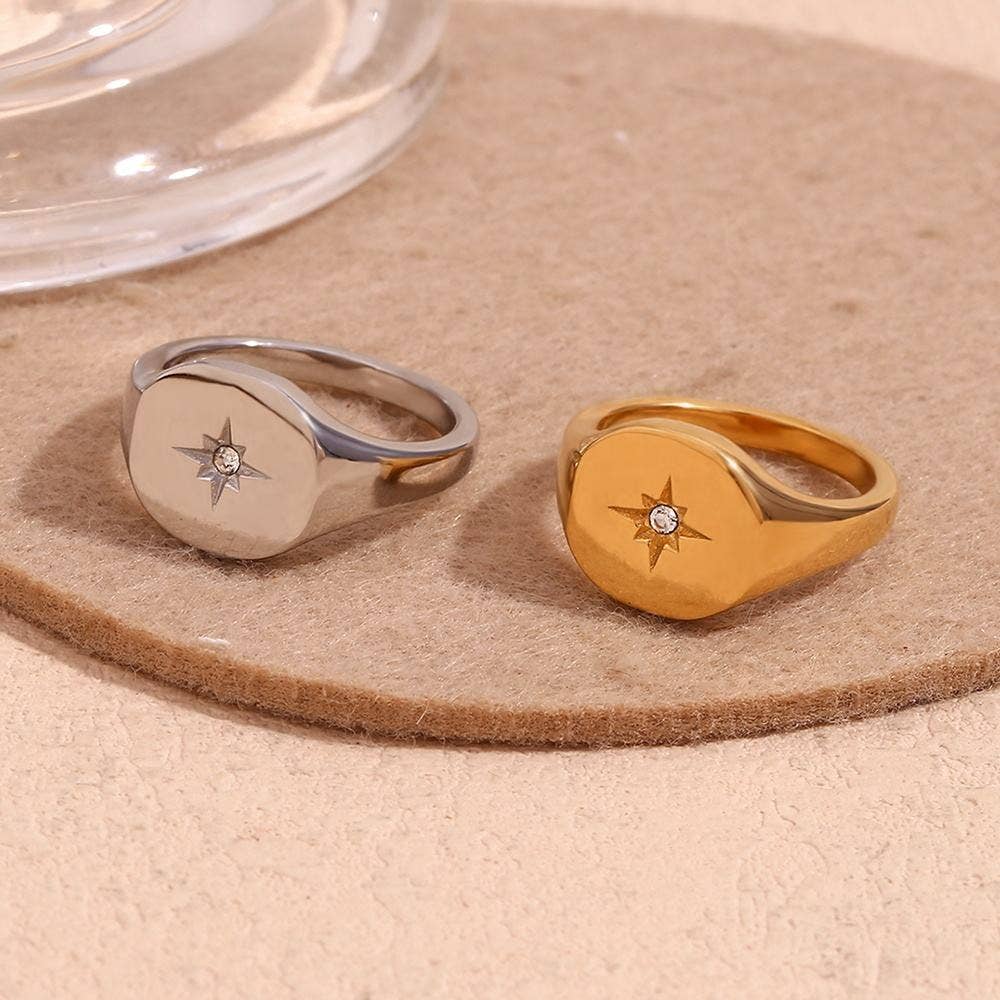 Signet Ring with Star Design - Gold or Silver