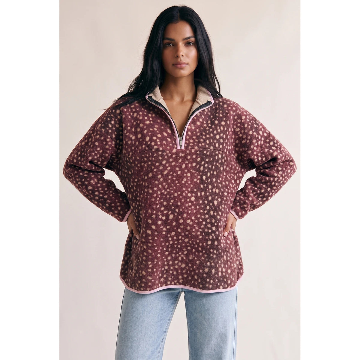 Bambi Fawn Print Half Zip Fleece – burgundy front