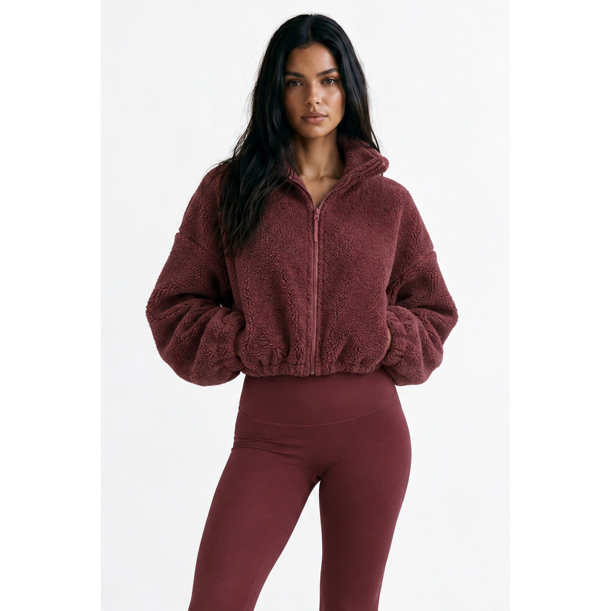 Cropped Borg Fleece Jacket in Burgundy, front view