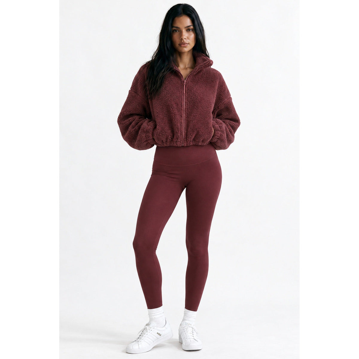 Cropped Borg Fleece Jacket – burgundy outfit