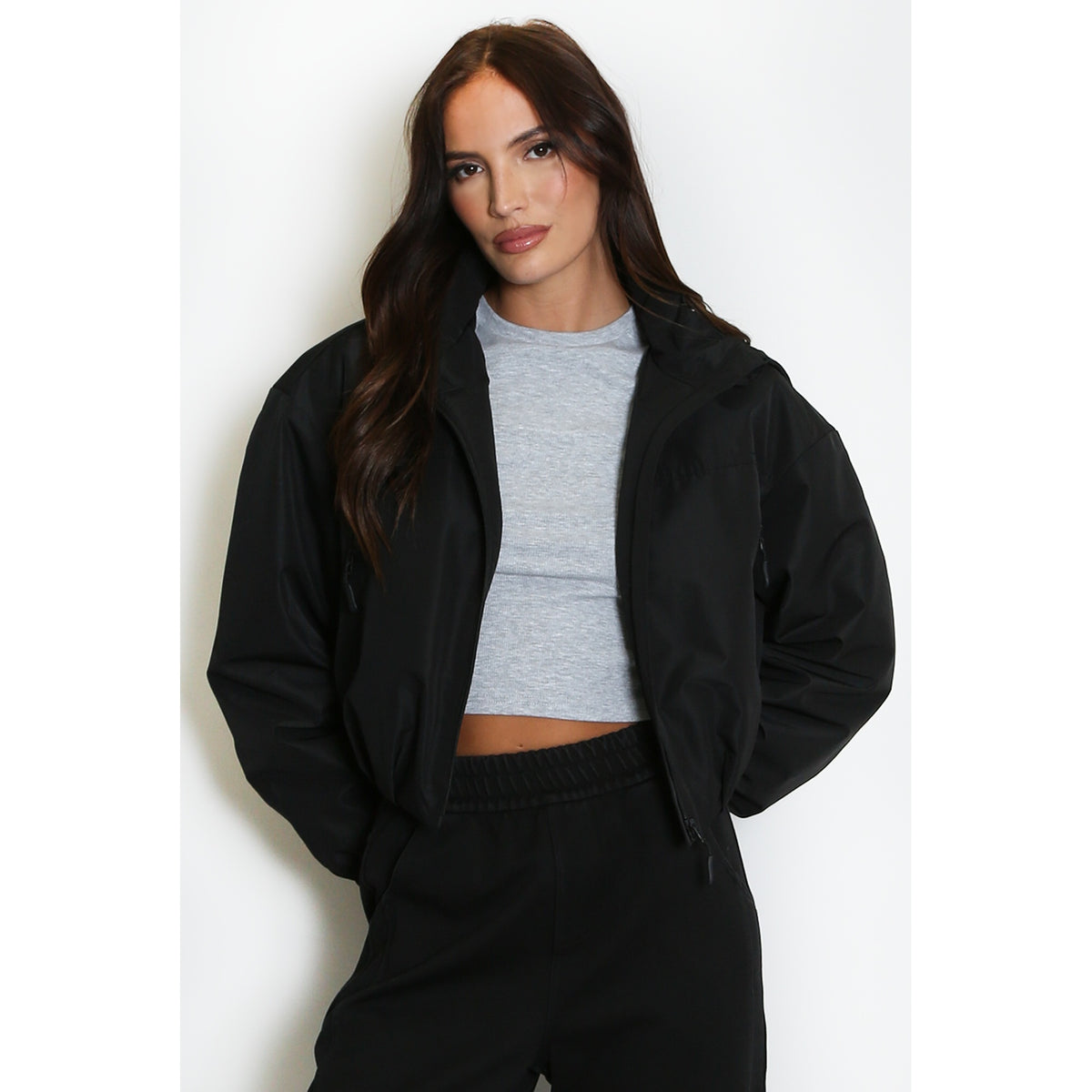 Black Cropped Hooded Jacket – black front