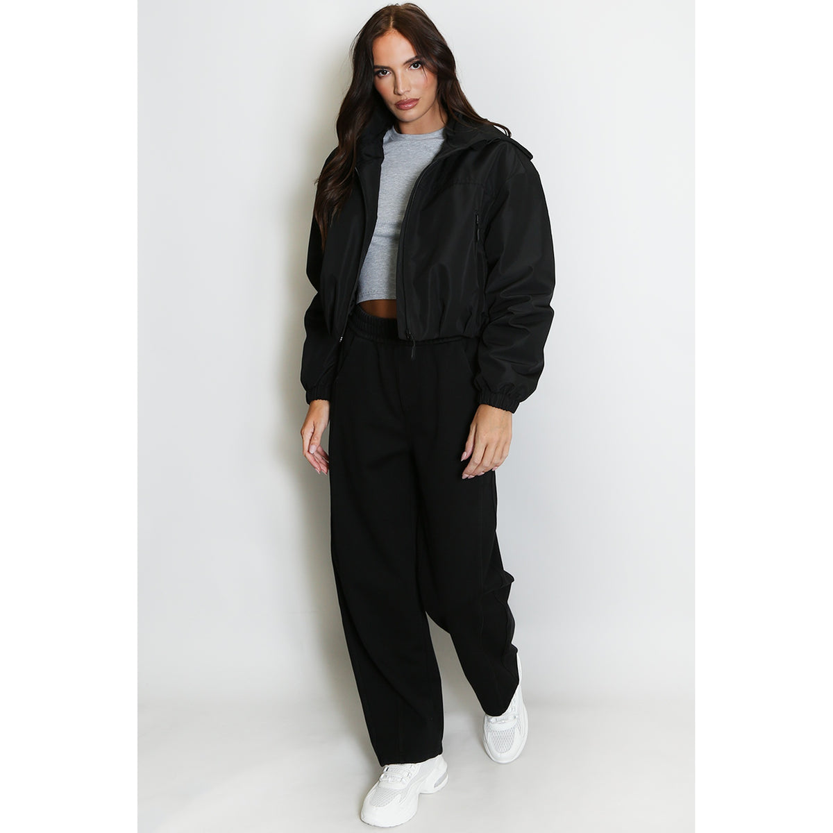 Black Cropped Hooded Jacket – black outfit