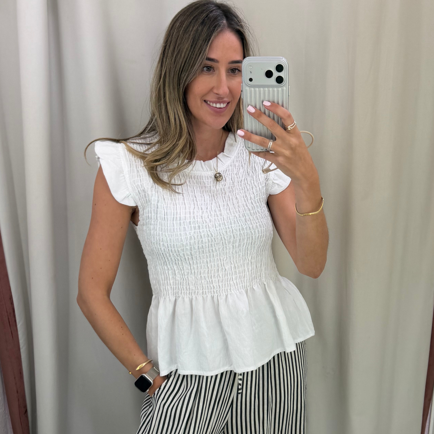 White Shirred Frill Sleeve Top