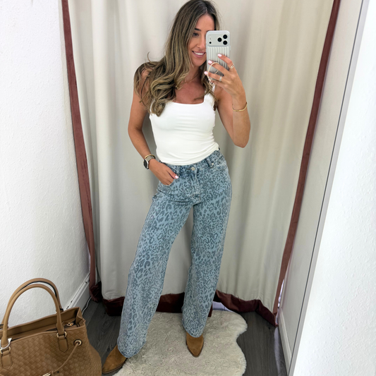 Grey Leopard Wide Leg Jeans