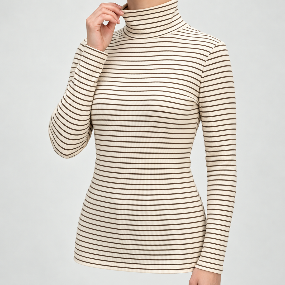 beige striped ribbed roll neck top