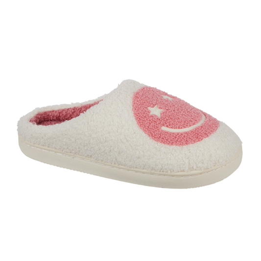 Cheerful cream smiley face mule slippers – side view