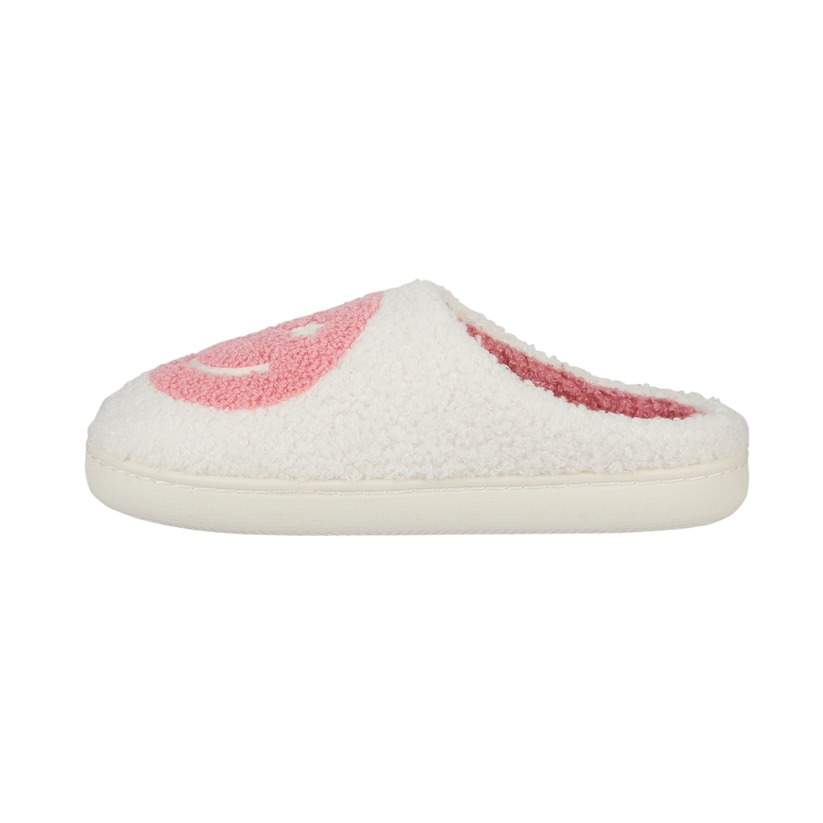 Cheerful cream smiley face mule slippers – instep view