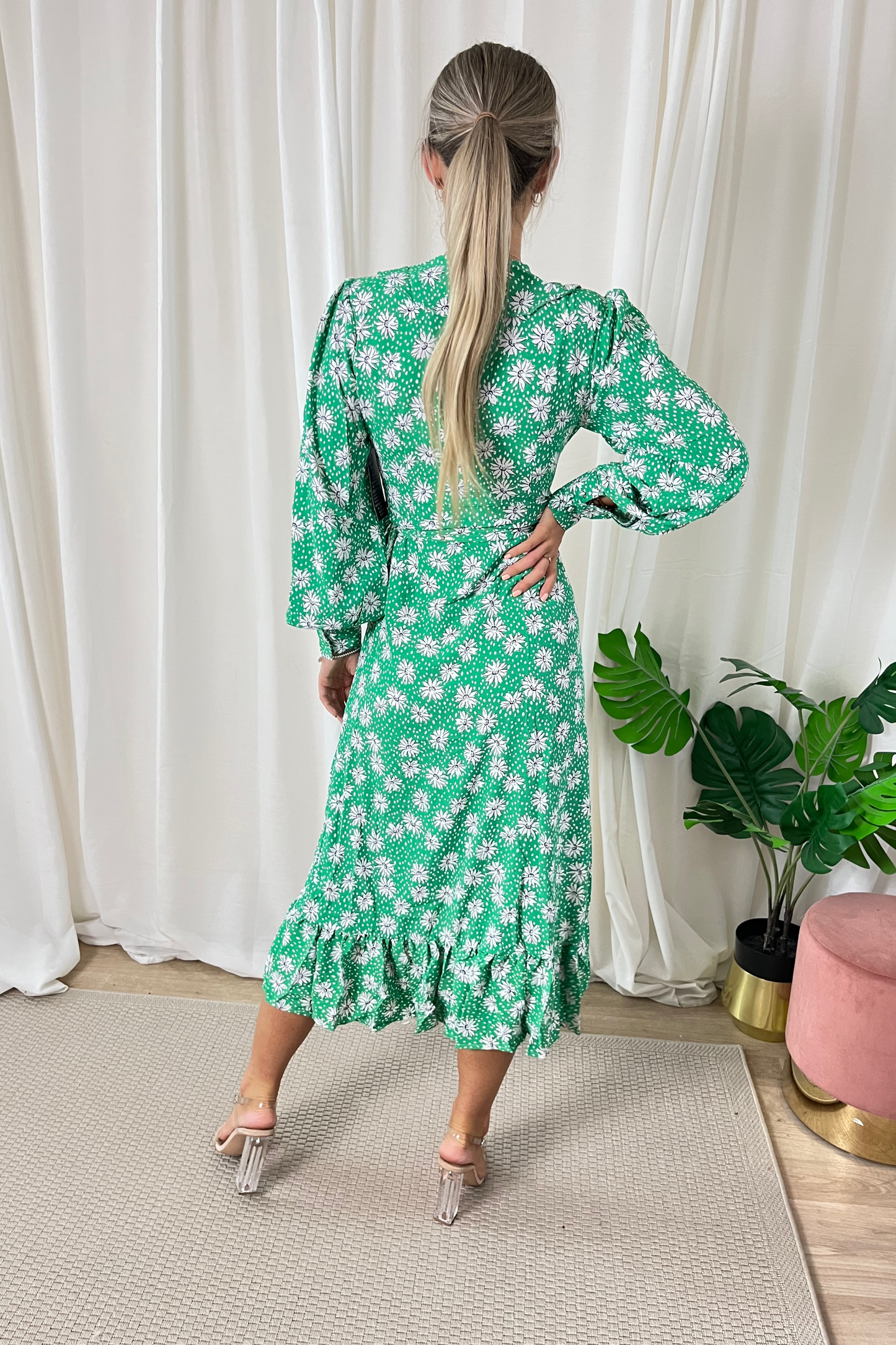 Green Daisy Print Wrap Midi Dress