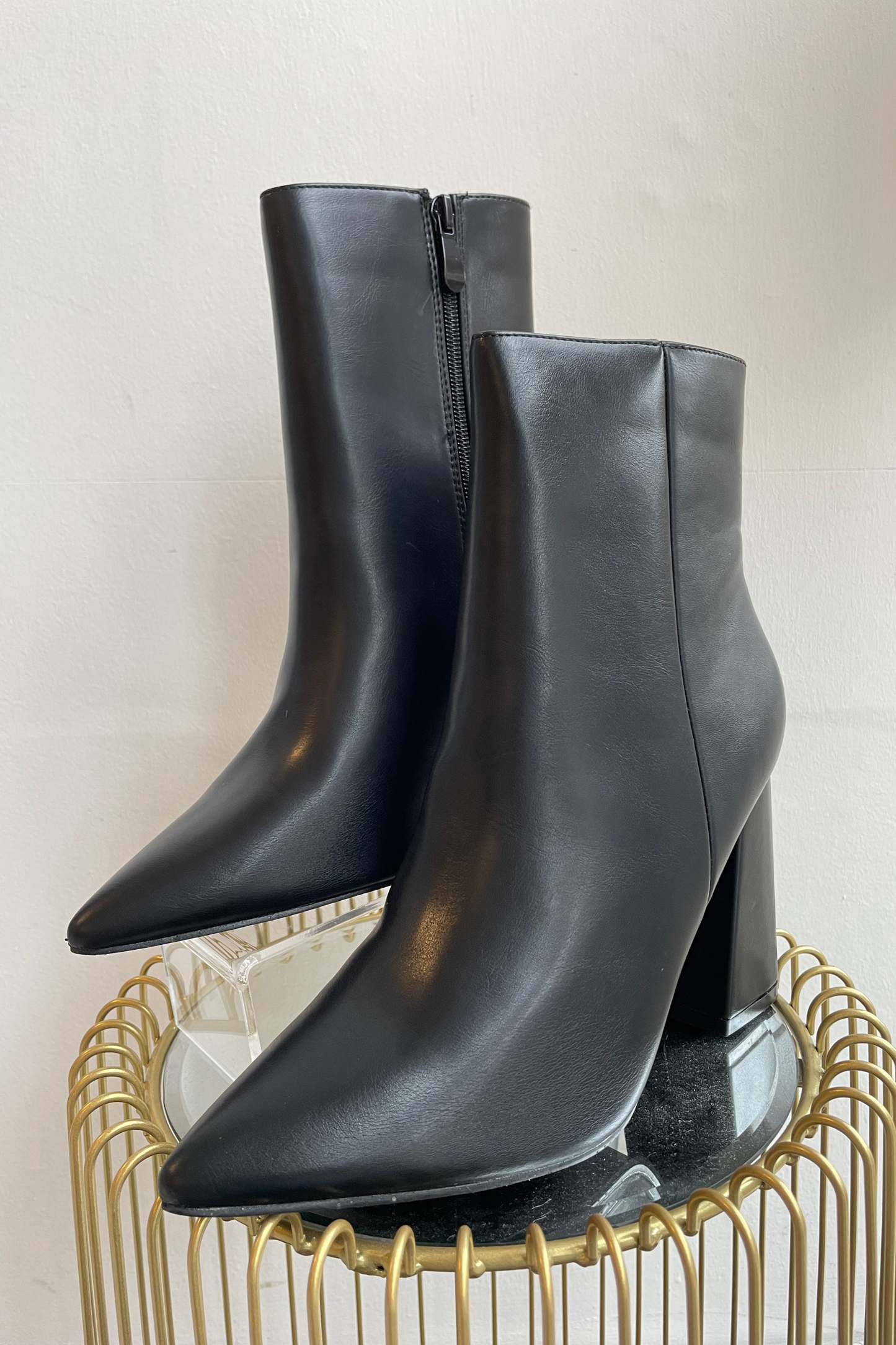 Black PU Pointed Heel Boots